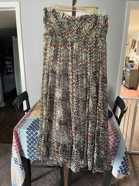 Smocked Waist Tiered Maxi Skirt in Teal and Brown Print